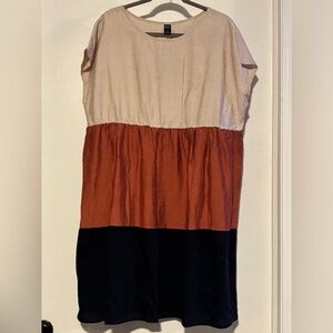 Emery Rose Stylish Colorblock Midi Dress in Cream, Orange, and Black